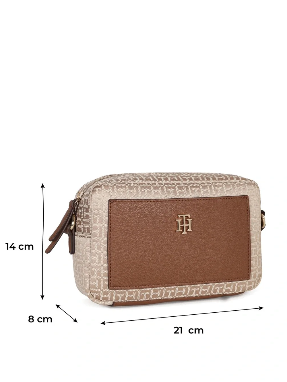 Tommy Hilfiger Beige Jacquard & Brown Leather Crossbody Bag